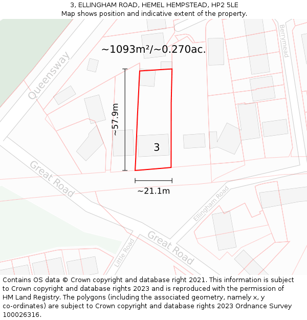3, ELLINGHAM ROAD, HEMEL HEMPSTEAD, HP2 5LE: Plot and title map
