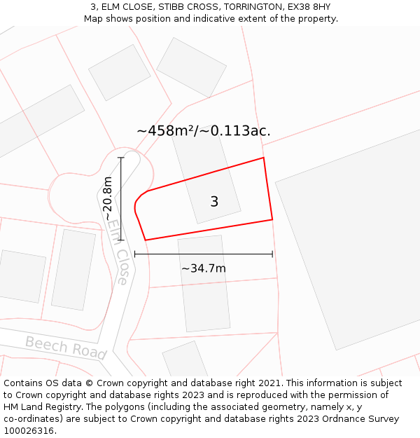 3, ELM CLOSE, STIBB CROSS, TORRINGTON, EX38 8HY: Plot and title map