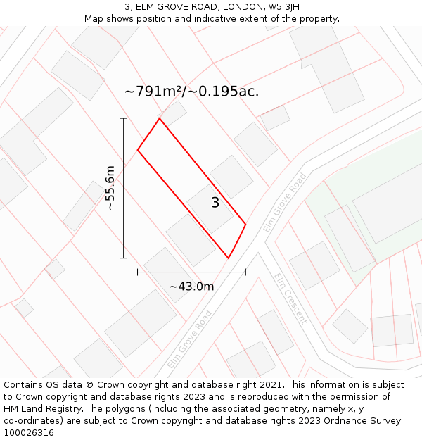 3, ELM GROVE ROAD, LONDON, W5 3JH: Plot and title map