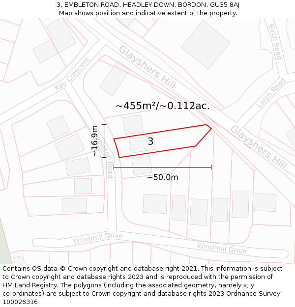 3, EMBLETON ROAD, HEADLEY DOWN, BORDON, GU35 8AJ: Plot and title map