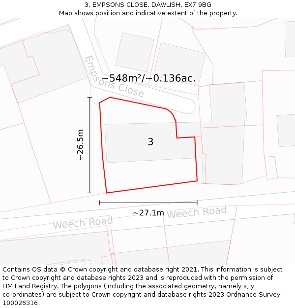 3, EMPSONS CLOSE, DAWLISH, EX7 9BG: Plot and title map