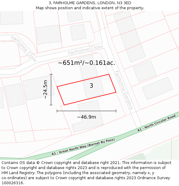 3, FAIRHOLME GARDENS, LONDON, N3 3ED: Plot and title map