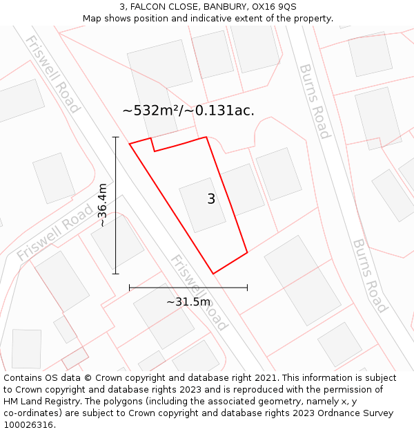 3, FALCON CLOSE, BANBURY, OX16 9QS: Plot and title map