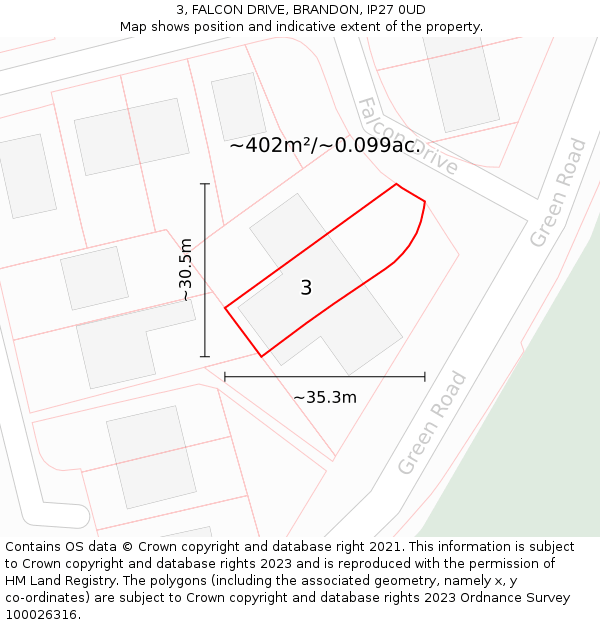 3, FALCON DRIVE, BRANDON, IP27 0UD: Plot and title map