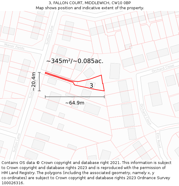 3, FALLON COURT, MIDDLEWICH, CW10 0BP: Plot and title map