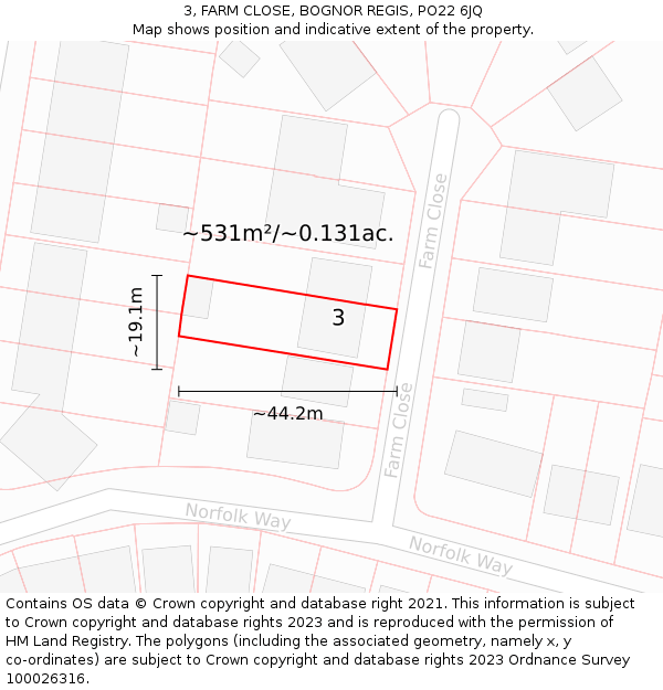 3, FARM CLOSE, BOGNOR REGIS, PO22 6JQ: Plot and title map