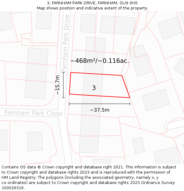 3, FARNHAM PARK DRIVE, FARNHAM, GU9 0HS: Plot and title map