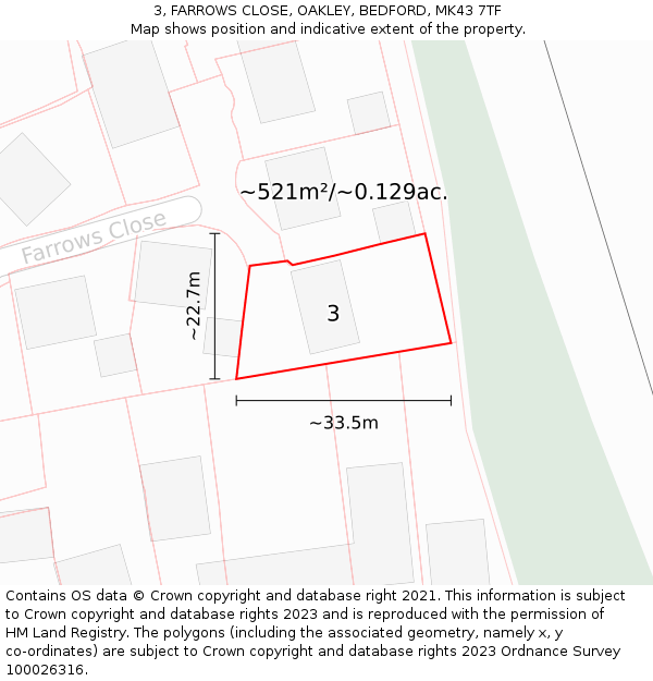 3, FARROWS CLOSE, OAKLEY, BEDFORD, MK43 7TF: Plot and title map