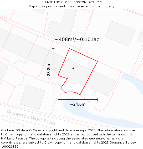 3, FARTHING CLOSE, BOSTON, PE21 7LY: Plot and title map