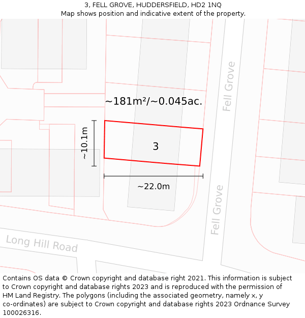 3, FELL GROVE, HUDDERSFIELD, HD2 1NQ: Plot and title map