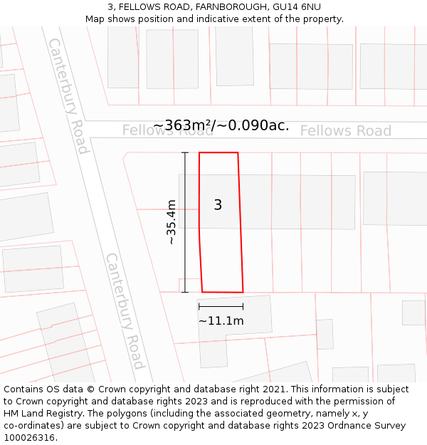 3, FELLOWS ROAD, FARNBOROUGH, GU14 6NU: Plot and title map