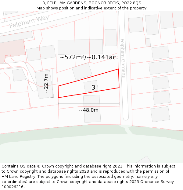 3, FELPHAM GARDENS, BOGNOR REGIS, PO22 8QS: Plot and title map