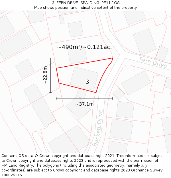 3, FERN DRIVE, SPALDING, PE11 1GG: Plot and title map