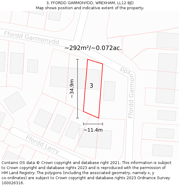 3, FFORDD GARMONYDD, WREXHAM, LL12 8JD: Plot and title map