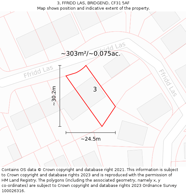 3, FFRIDD LAS, BRIDGEND, CF31 5AF: Plot and title map