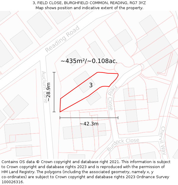 3, FIELD CLOSE, BURGHFIELD COMMON, READING, RG7 3YZ: Plot and title map