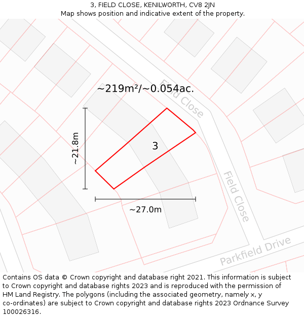 3, FIELD CLOSE, KENILWORTH, CV8 2JN: Plot and title map