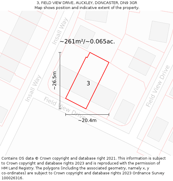 3, FIELD VIEW DRIVE, AUCKLEY, DONCASTER, DN9 3GR: Plot and title map