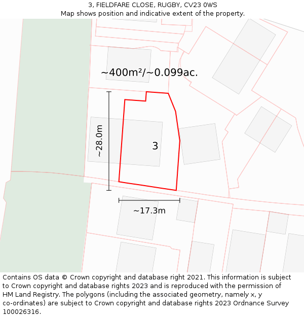 3, FIELDFARE CLOSE, RUGBY, CV23 0WS: Plot and title map