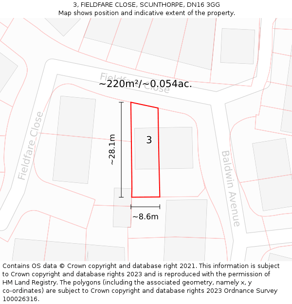 3, FIELDFARE CLOSE, SCUNTHORPE, DN16 3GG: Plot and title map