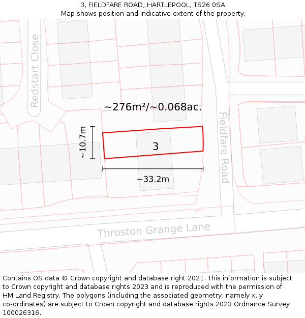 3, FIELDFARE ROAD, HARTLEPOOL, TS26 0SA: Plot and title map