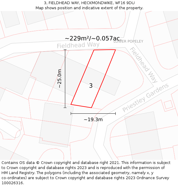 3, FIELDHEAD WAY, HECKMONDWIKE, WF16 9DU: Plot and title map