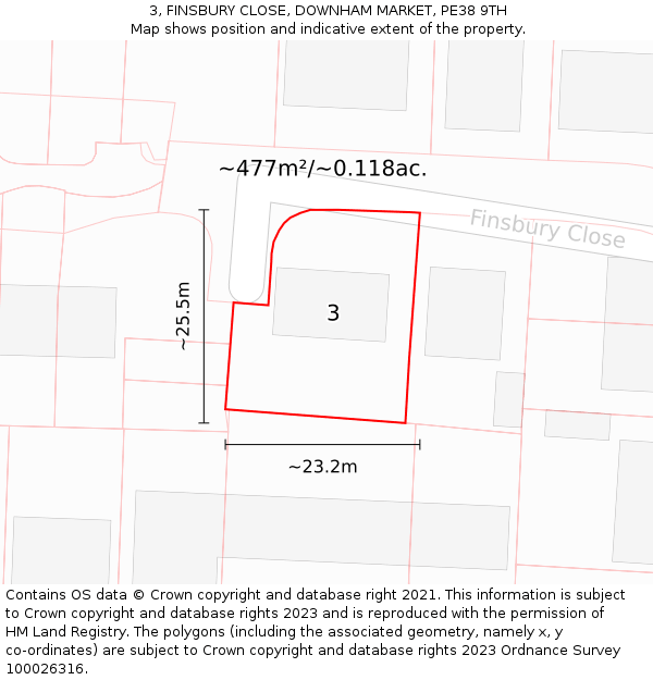 3, FINSBURY CLOSE, DOWNHAM MARKET, PE38 9TH: Plot and title map