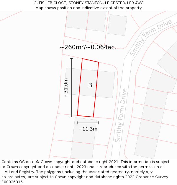 3, FISHER CLOSE, STONEY STANTON, LEICESTER, LE9 4WG: Plot and title map