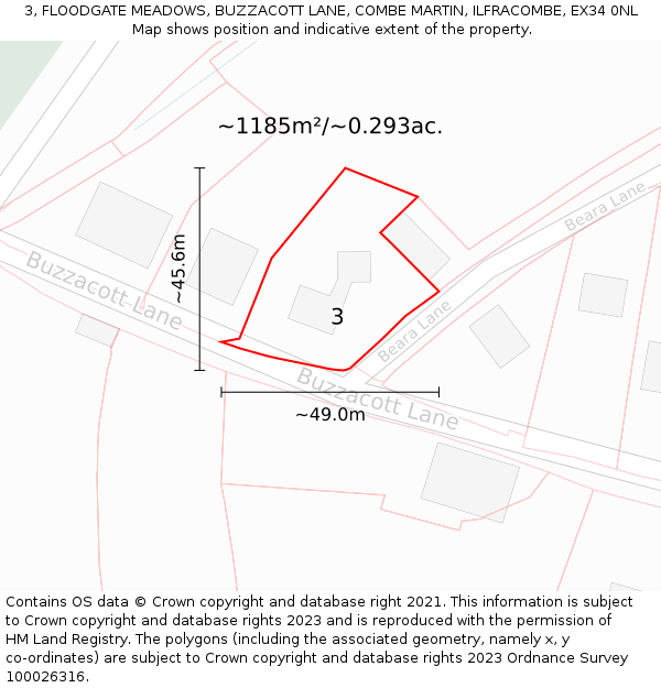 3, FLOODGATE MEADOWS, BUZZACOTT LANE, COMBE MARTIN, ILFRACOMBE, EX34 0NL: Plot and title map