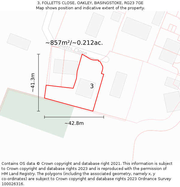 3, FOLLETTS CLOSE, OAKLEY, BASINGSTOKE, RG23 7GE: Plot and title map