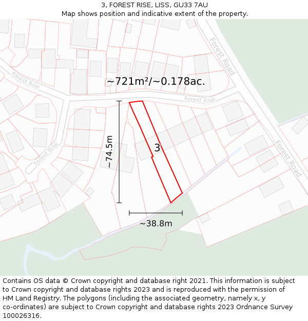 3, FOREST RISE, LISS, GU33 7AU: Plot and title map