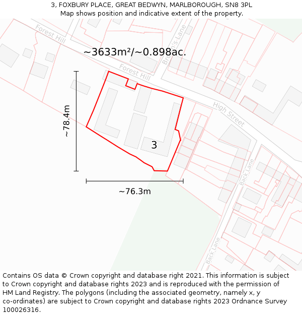 3, FOXBURY PLACE, GREAT BEDWYN, MARLBOROUGH, SN8 3PL: Plot and title map