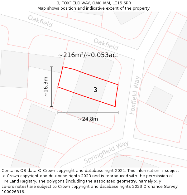 3, FOXFIELD WAY, OAKHAM, LE15 6PR: Plot and title map