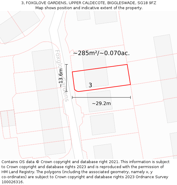 3, FOXGLOVE GARDENS, UPPER CALDECOTE, BIGGLESWADE, SG18 9FZ: Plot and title map