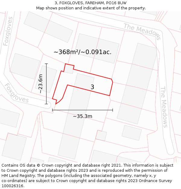 3, FOXGLOVES, FAREHAM, PO16 8UW: Plot and title map