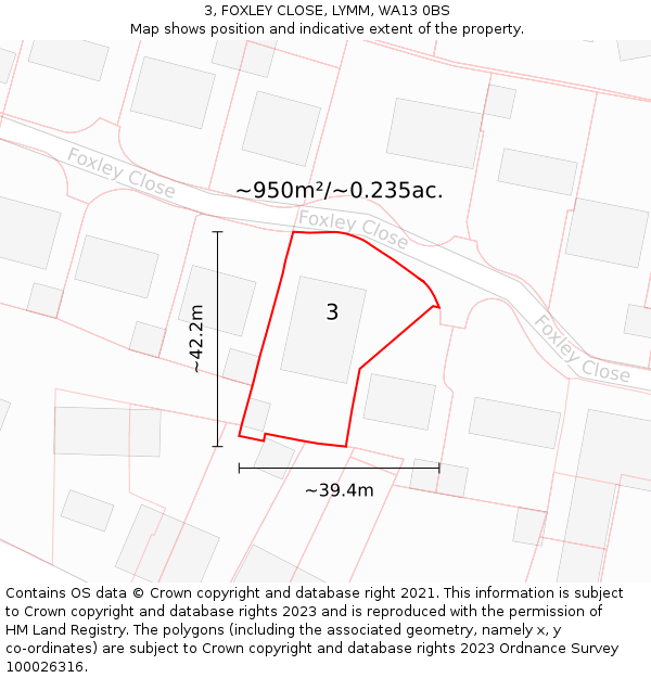 3, FOXLEY CLOSE, LYMM, WA13 0BS: Plot and title map