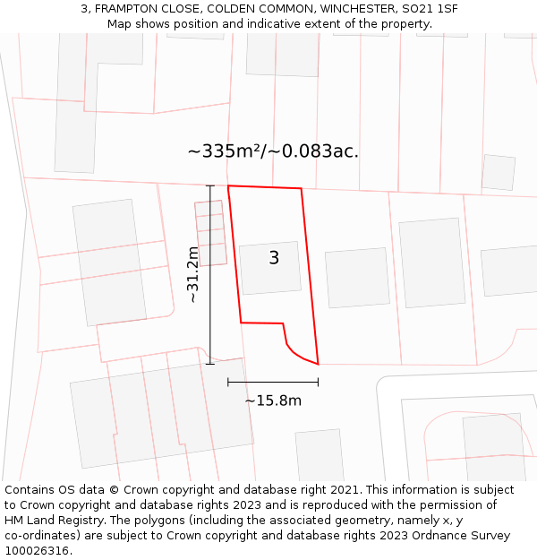3, FRAMPTON CLOSE, COLDEN COMMON, WINCHESTER, SO21 1SF: Plot and title map