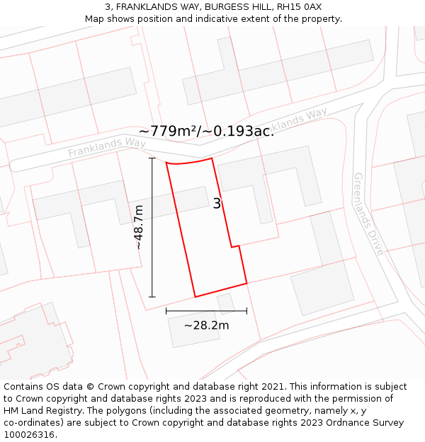 3, FRANKLANDS WAY, BURGESS HILL, RH15 0AX: Plot and title map