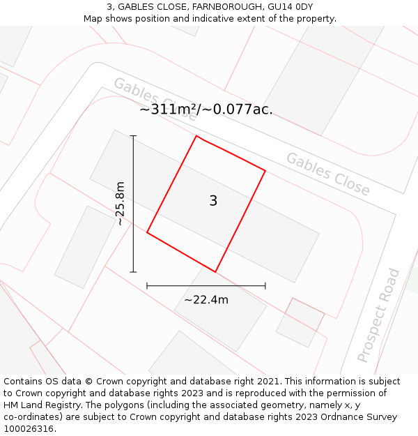 3, GABLES CLOSE, FARNBOROUGH, GU14 0DY: Plot and title map