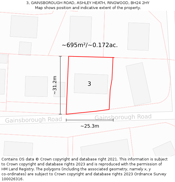 3, GAINSBOROUGH ROAD, ASHLEY HEATH, RINGWOOD, BH24 2HY: Plot and title map