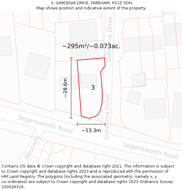 3, GARDENIA DRIVE, FAREHAM, PO15 5DN: Plot and title map