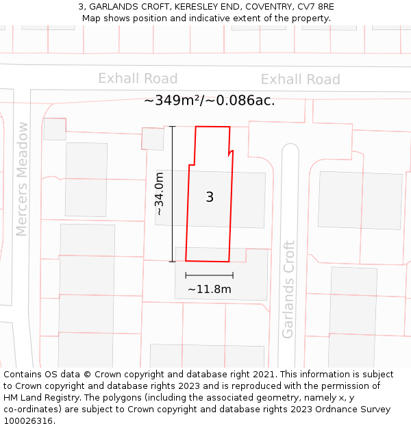 3, GARLANDS CROFT, KERESLEY END, COVENTRY, CV7 8RE: Plot and title map