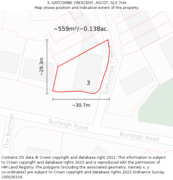 3, GATCOMBE CRESCENT, ASCOT, SL5 7HA: Plot and title map