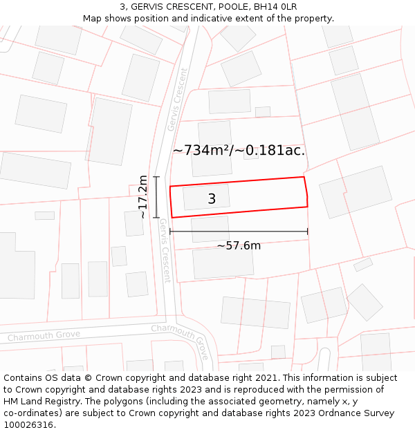 3, GERVIS CRESCENT, POOLE, BH14 0LR: Plot and title map