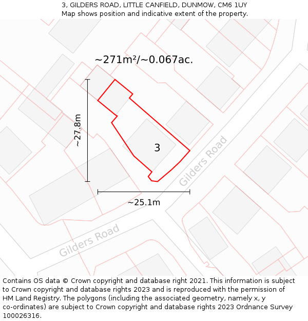 3, GILDERS ROAD, LITTLE CANFIELD, DUNMOW, CM6 1UY: Plot and title map