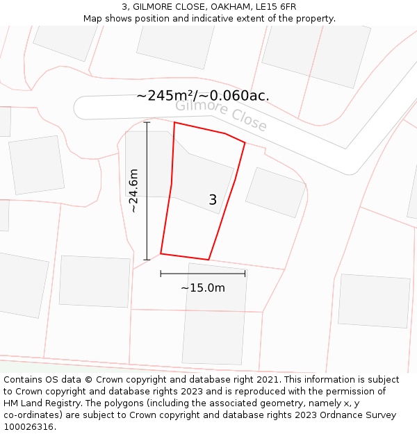 3, GILMORE CLOSE, OAKHAM, LE15 6FR: Plot and title map