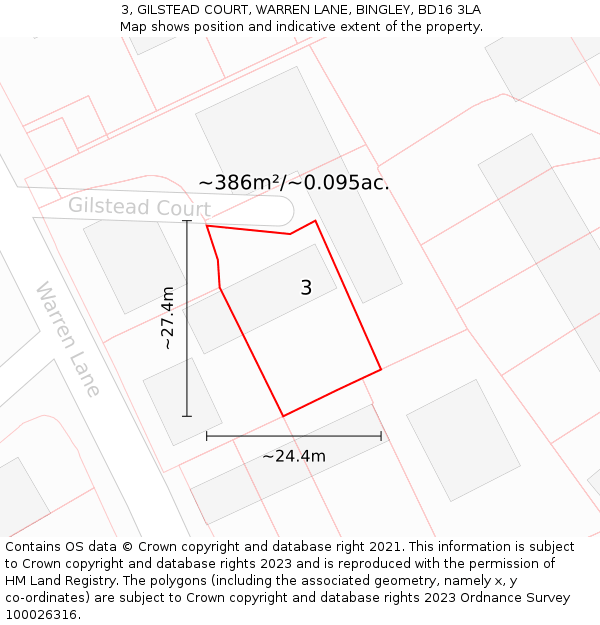 3, GILSTEAD COURT, WARREN LANE, BINGLEY, BD16 3LA: Plot and title map