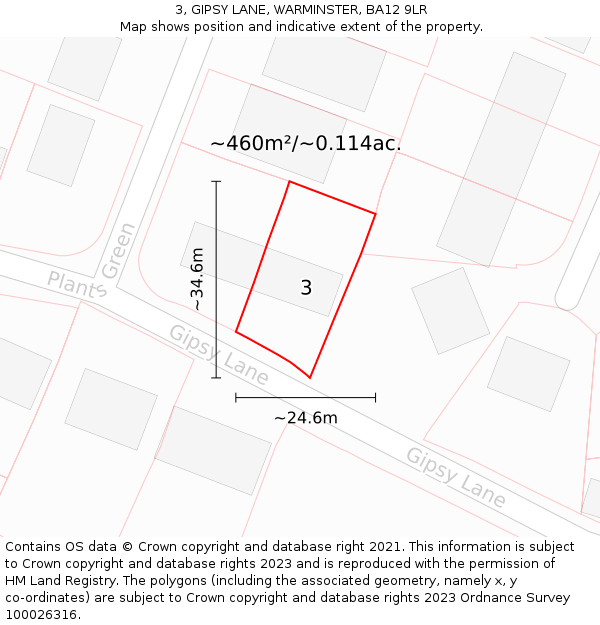 3, GIPSY LANE, WARMINSTER, BA12 9LR: Plot and title map