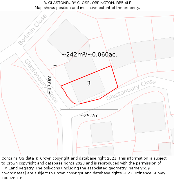 3, GLASTONBURY CLOSE, ORPINGTON, BR5 4LF: Plot and title map