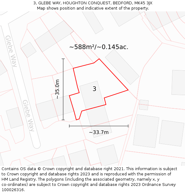 3, GLEBE WAY, HOUGHTON CONQUEST, BEDFORD, MK45 3JX: Plot and title map